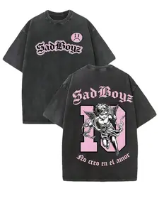 Sad Boyz "No Creo En El Amor" Cupid Graphic T-Shirt, Vintage Washed Distressed Oversized Y2K Streetwear Top, Retro Pink Gothic Angel Streetwear Shirt for Men Women, Aesthetic Emo Gift & Grunge Apparel