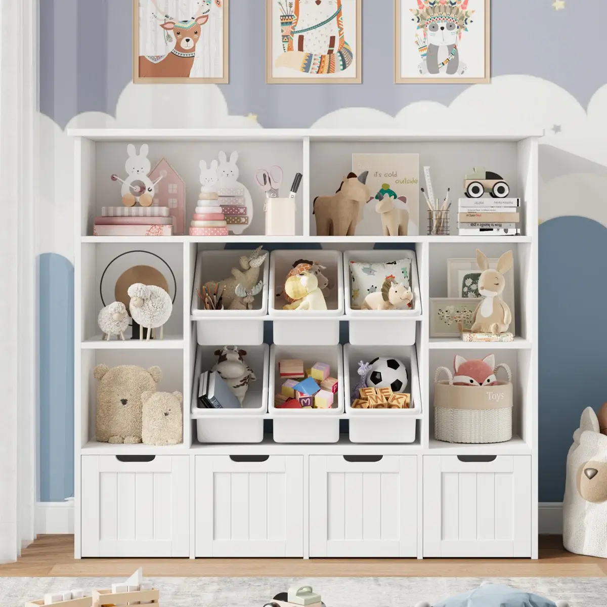 Toy Storage Organizer with 6 Removable Bins, Kids Bookshelf for Playroom, Large Storage Toy Organizer