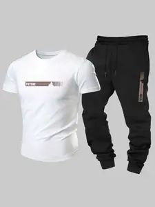 Men's Letter Print Tee & Pants Two-piece Set, Regular Fit Casual Short Sleeve T-shirt & Jogger Pants, Men's Two-piece Outfits for Spring & Fall Clothes