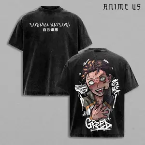 Re:Zero Subaru Natsuki Dark Aesthetic T-Shirt, Self-Hatred Japanese Kanji Graphic Tee, Psychological Horror Anime Streetwear, Vintage Washed Acid Wash Shirt, Subaru Insanity Art Apparel IYT