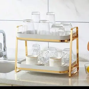 2-Layer Storage Drain Rack - Countertop Organizer & Cup Holder Shelf with Gold Accents for Kitchen Organization
