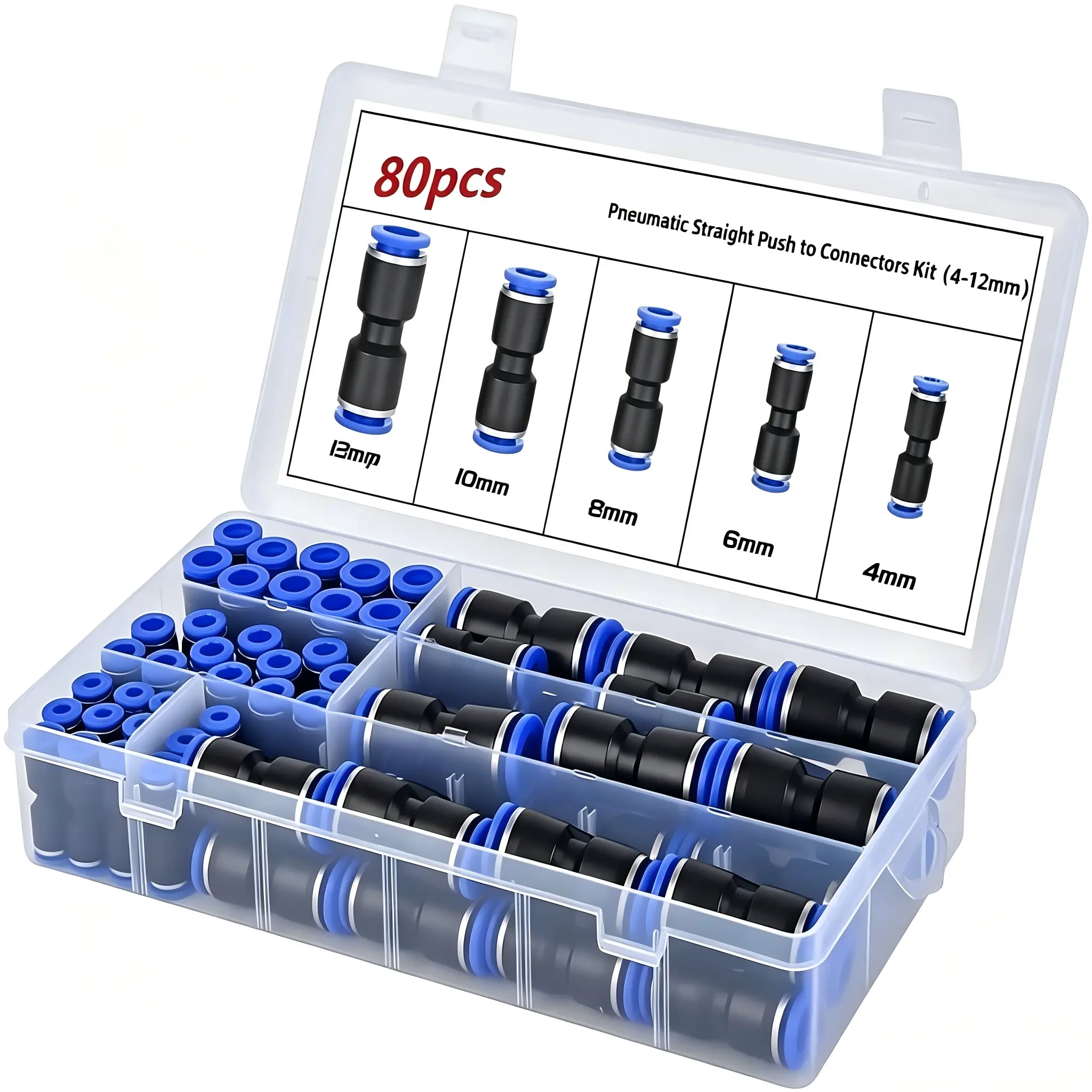 80 Pcs Quick Connect Air Hose Fittings, 2 Way Straight Push to Connect Pneumatic Connectors, Quick Release Plastic Air Line Fittings for 1/8", 1/4", 5/16", 3/8", 1/2" Tubing, Suitable for Automotive, Truck and Industrial Use