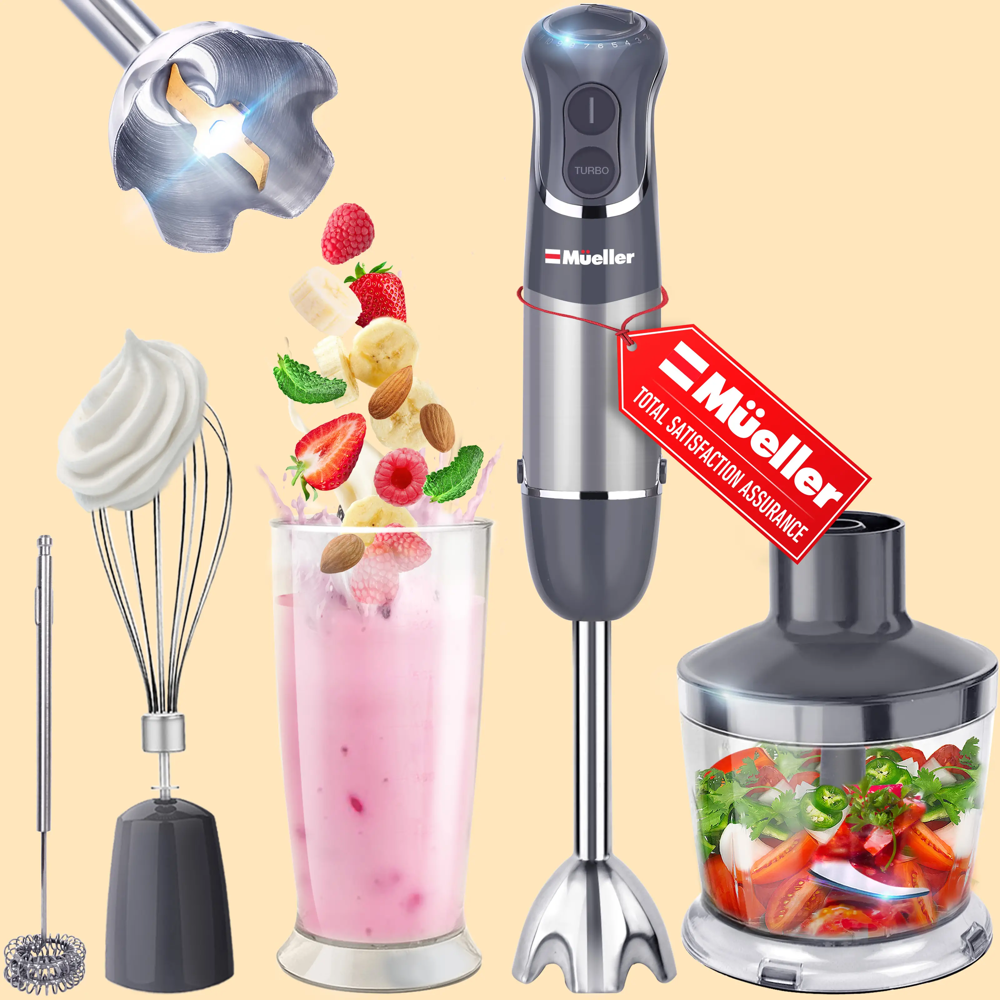 Mueller Multi Stick 800W Immersion Blender, 12 Speeds, Titanium Steel Blades, Wh...