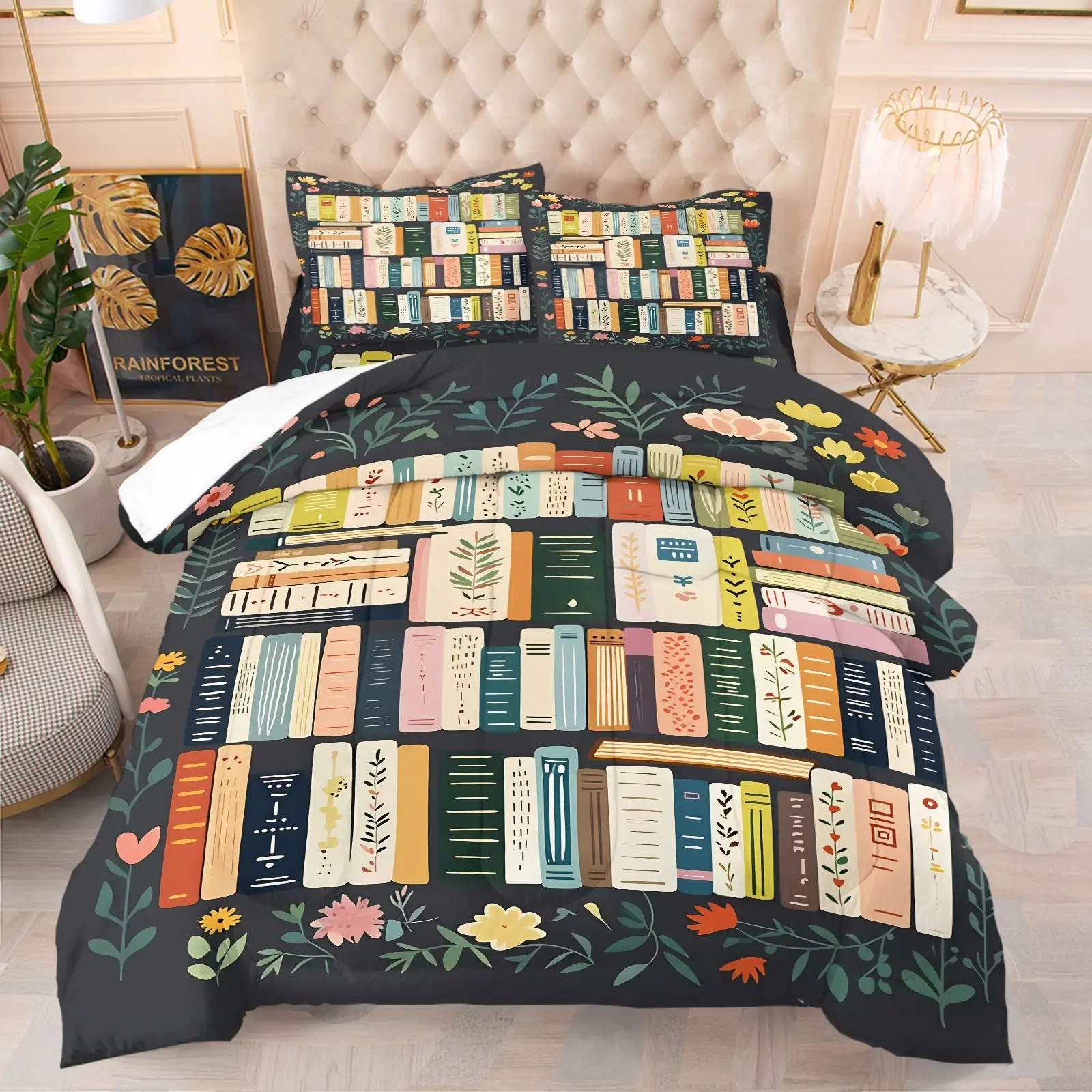 2/3PcsBoho Bookshelf Floral Comforter Set , Aesthetic Book Print Bedding Set with Pillowcases, Soft All Season Cozy Quilt for Bedroom Dorm, Ideal Gift for Family & Friends