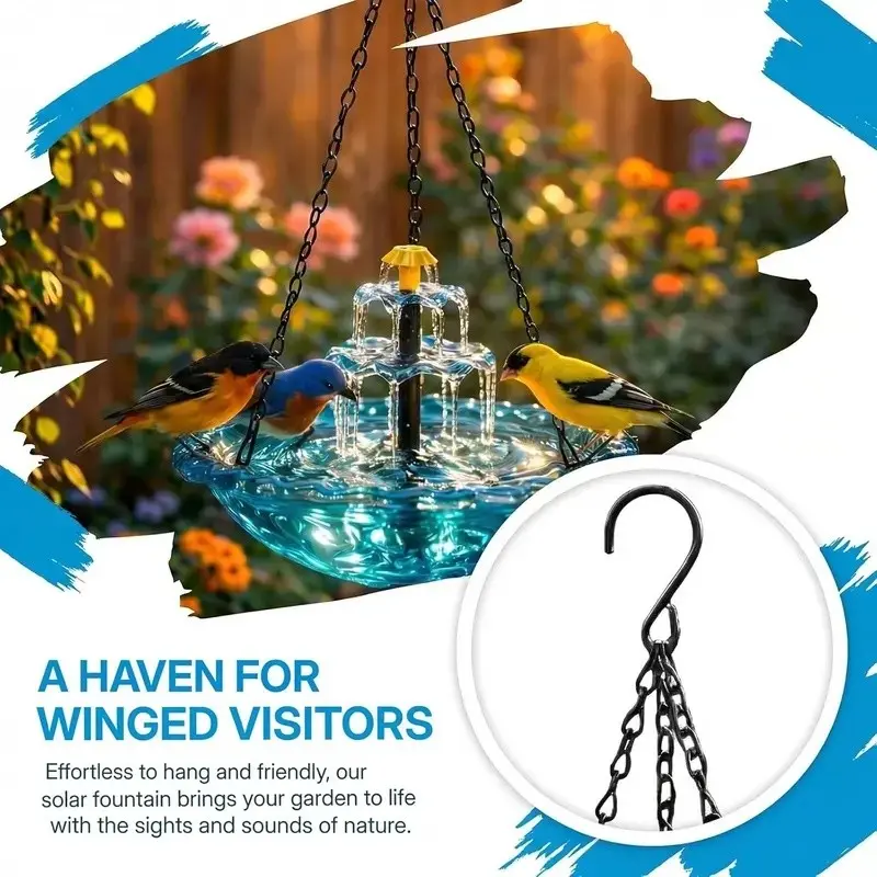 2026 Solar Cascade Hanging Bird Bath Fountain, a three-tier outdoor water feature for hummingbirds, easy to clean, Easy installation, with a 9.3-inch glass basin, equipped with a solar pump, attracting wild birds to the garden and terrace