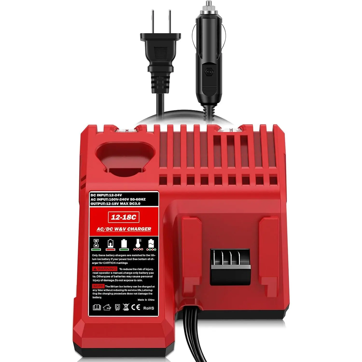 2-in-1 Battery Charger and Car Charger for Milwaukee 12V-18V Battery | Multi Voltage chargers, for milwaukee M12&M18&M14 battery charger, vehicle charger, with AC & DC Cigarette Lighter Plug