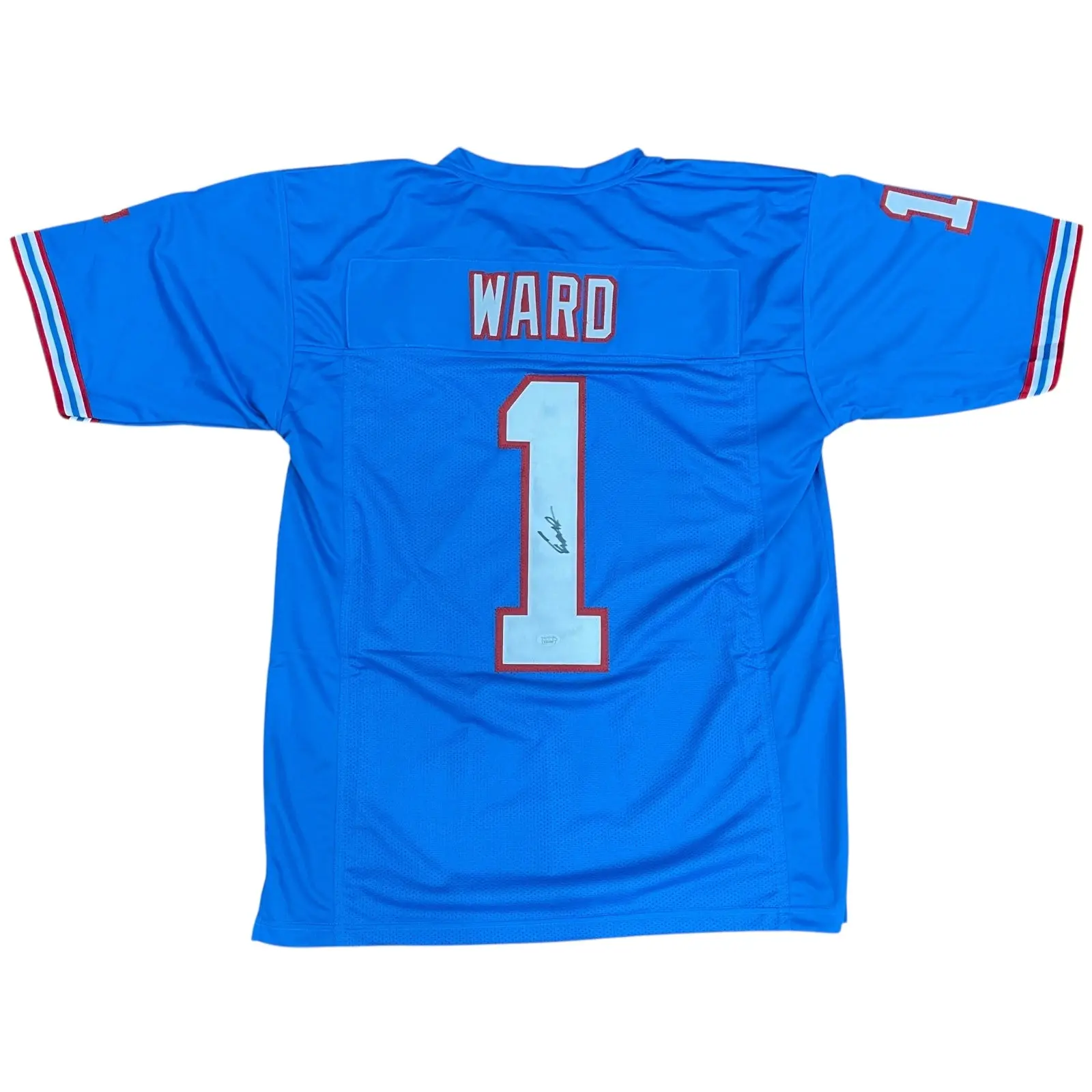 New Unisex Cam Ward Autographed Tennessee Houston Baby Blue #1 Custom Throwback Jersey - JSA Certified, Die-Hard Fan Gear, Sports Collectible Item, Custom Jersey