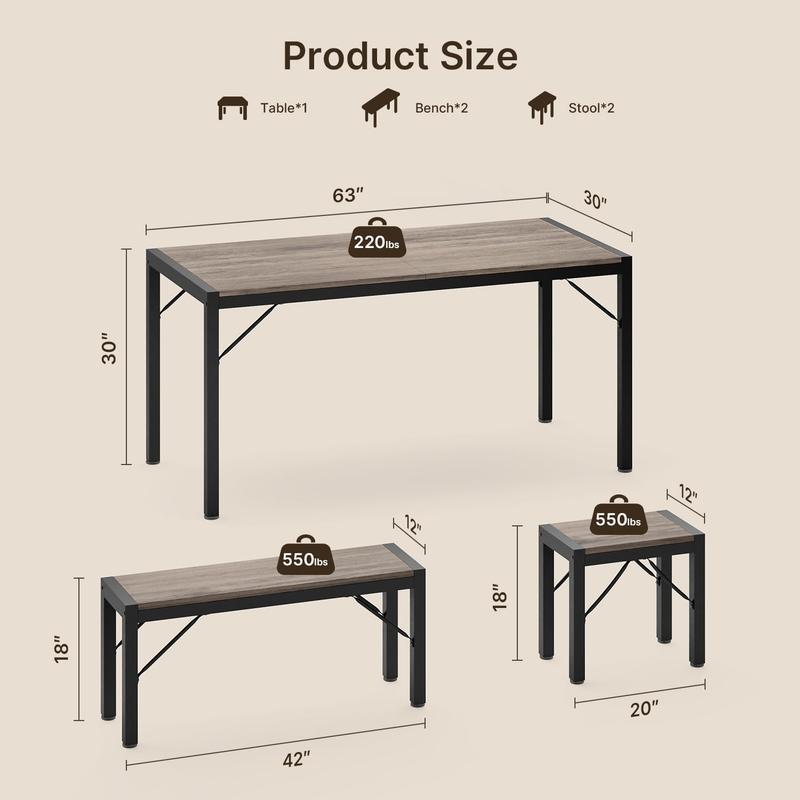 Gizoon Dining Room Table Set for 2/4/6, Kitchen Table with 2/4 Benches and 2/4 Stools, Dining Table Set with Metal Frame, Space-Saving Kitchen Table Set for Apartment, Grey