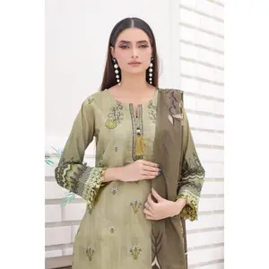 Dusty Olive 3-Piece Embroidered Lawn Set (Bana Dora)