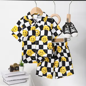 Ready Stock 1-12Y Boys Clothes Checker Print Smiling Face Pattern Turn-down Collar Shirt Elastic Shorts 2Pcs Summer OOTD Black 462306156 Casual