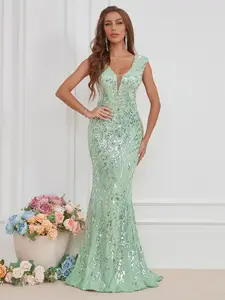 Elegant Sequin Spliced Mesh V Neck Backless Sleeveless Dress, Shaping Waist Design for Glamorous Evening Party, Formal Elegant Dress