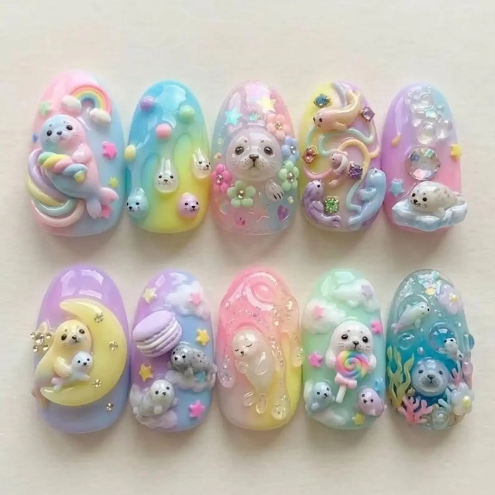 3D Kawaii Seal Press On Nails | Pastel Rainbow Custom Acrylics | Cute Ocean Animal & Star Charm Nail Art