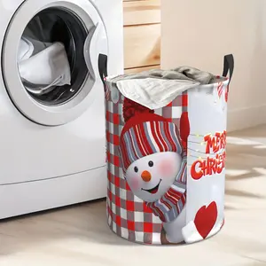 Foldable Christmas Laundry Basket with Santa Hat Snowman Design - Durable Polyester Hamper, 15.7"x19.6" Round Storage Organizer with Handles for Bathroom, Bedroom, Toys & Clothes - Festive Holiday Decor, Laundry Baskets