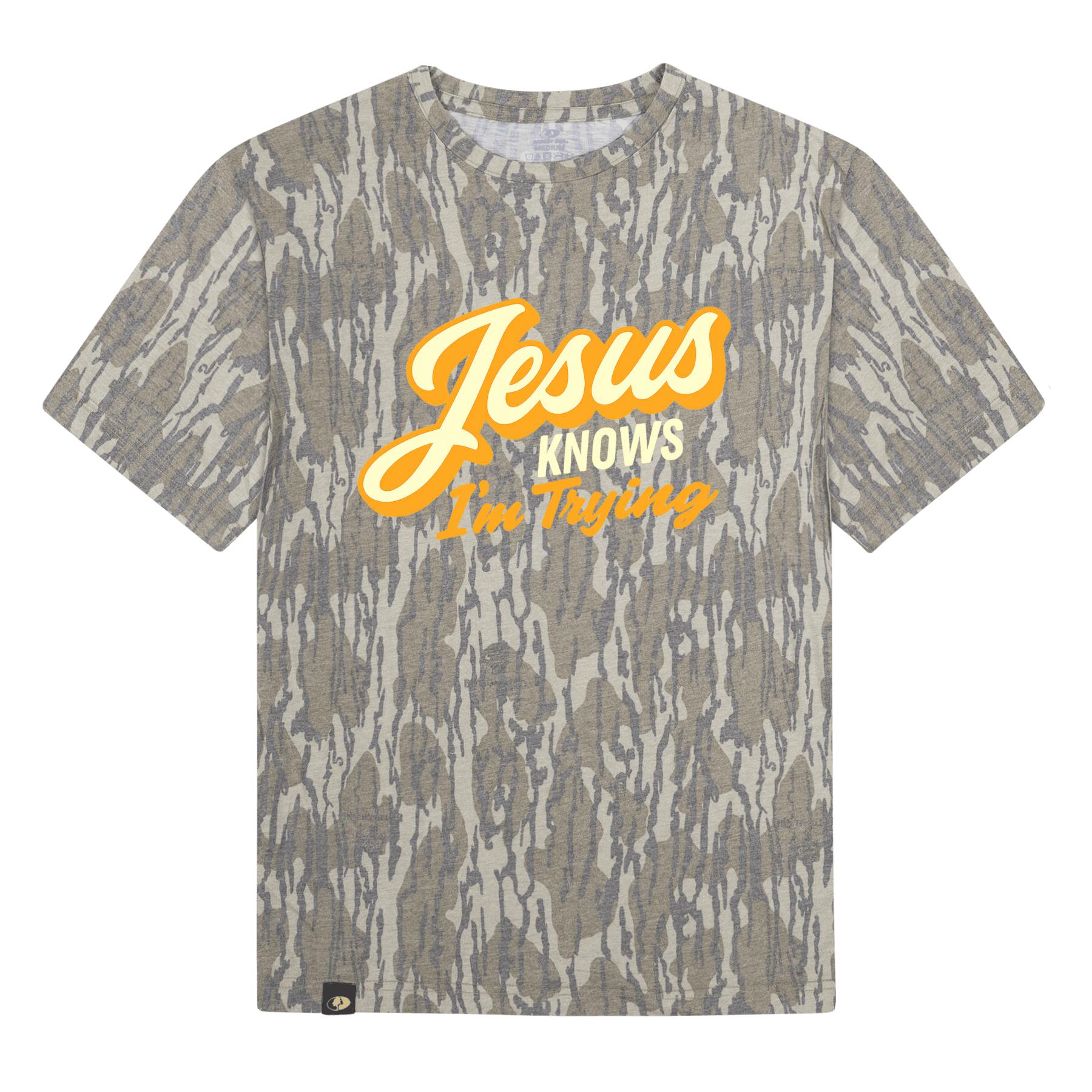 Jesus Knows I'm Trying Camo Christian T-Shirt | Faith Graphic Tee Religious Shirt for Men Women