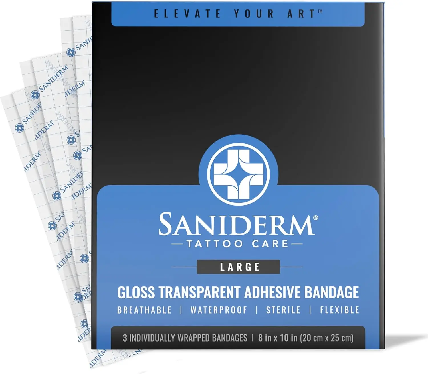Saniderm Tattoo Aftercare Bandage 3 Sheets (Large Pack, 8 in x 10 in) – Convenient, Faster Tattoo Healing and Protection – Sterile, Waterproof, and Latex-Free