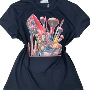 Women’s Rhinestones High Heeled Shoe Makeup Brushes And Cosmetics Fashion T-Shirt