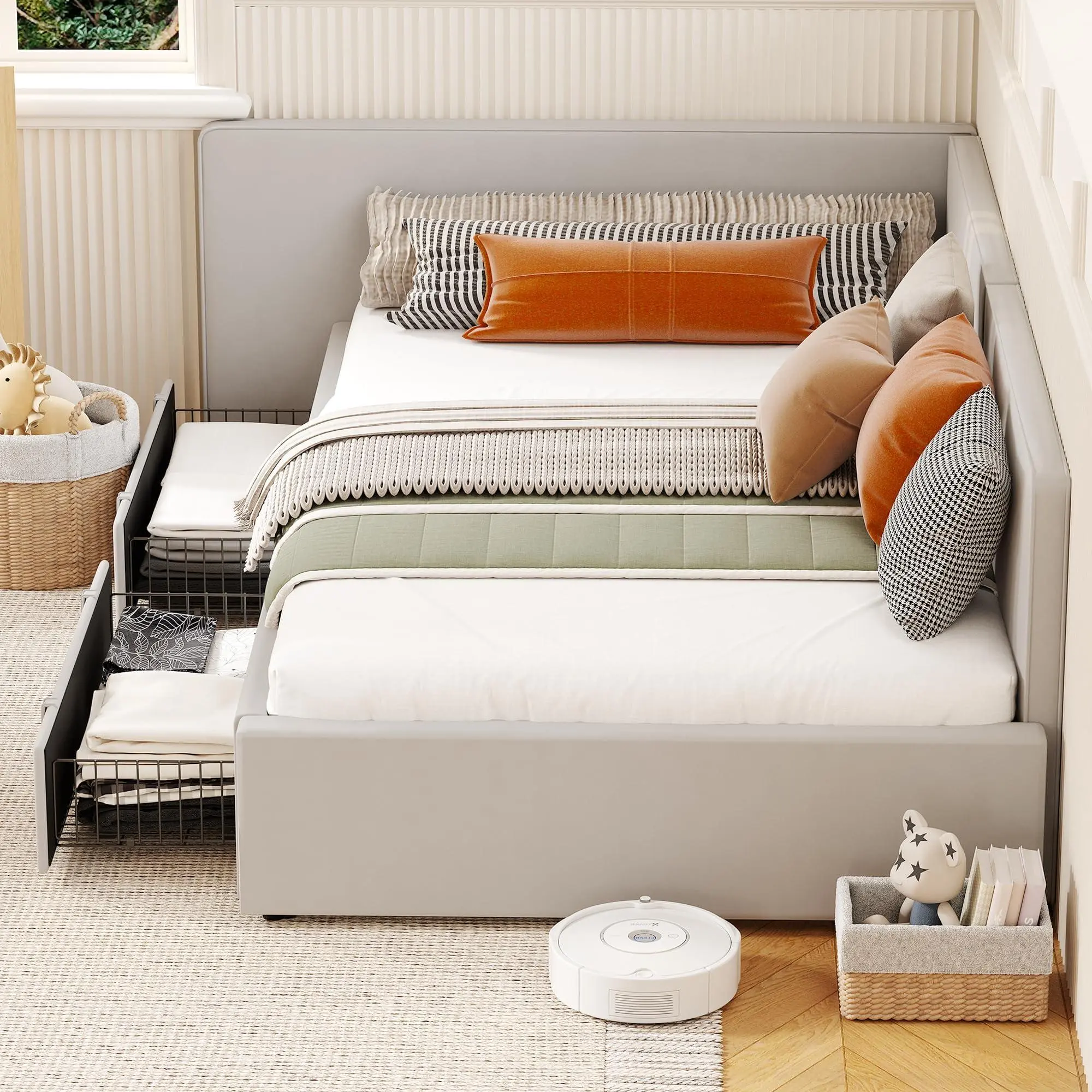 Twin Daybed with Storage Drawers and Velvet Upholstered Corner Bed Frame, Modern Kids Bed with Railings for Living Room Bedroom Easy Assembly, Light Grey