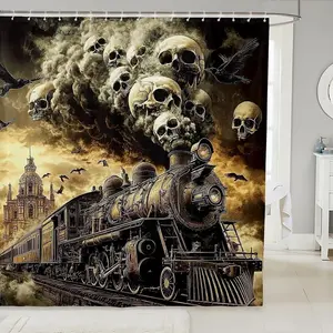 Retro Train Shower Curtain,Gothic Skull Bathroom Curtain, Happy Halloween Bathroom Accessories for Kids Adults,Railway Transport Shower Decor