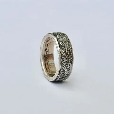 Handmade Franc Coin Edelweiss Flower Handcrafted Ring - Vintage, Whimsical, Funky Artificial Gemstone Band, Unisex Casual Trendy Rings for Women