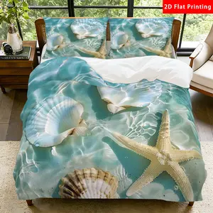 2/3 Pcs 2D Flat Ocean Themed Duvet Cover Set Seashell Starfish Bedding Set Quilt Cover 1 Duvet Cover + 1/2 Pillowcases Beach Inspired Top Sheet Decorative Bedding Bedroom Decor