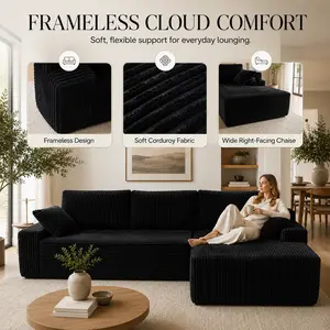 96" Modern Black Right-Facing L-Shape Corner Sofa with Storage, Space-Saving Indoor Living Room Furniture Set