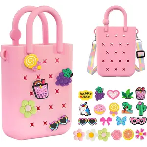 Silicone Small Rubber Beach Bag with 20 Charms, Hole Handbag With Adjustable Shoulder Strap, Girls and Woman