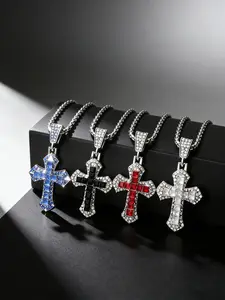 Punk Style Iced Out Cross Pendant Necklace with Rhinestones, Unisex Zircon Chain Jewelry, Street Fashion Arrow Sweater Chain Accessory, Cross Design Pendant