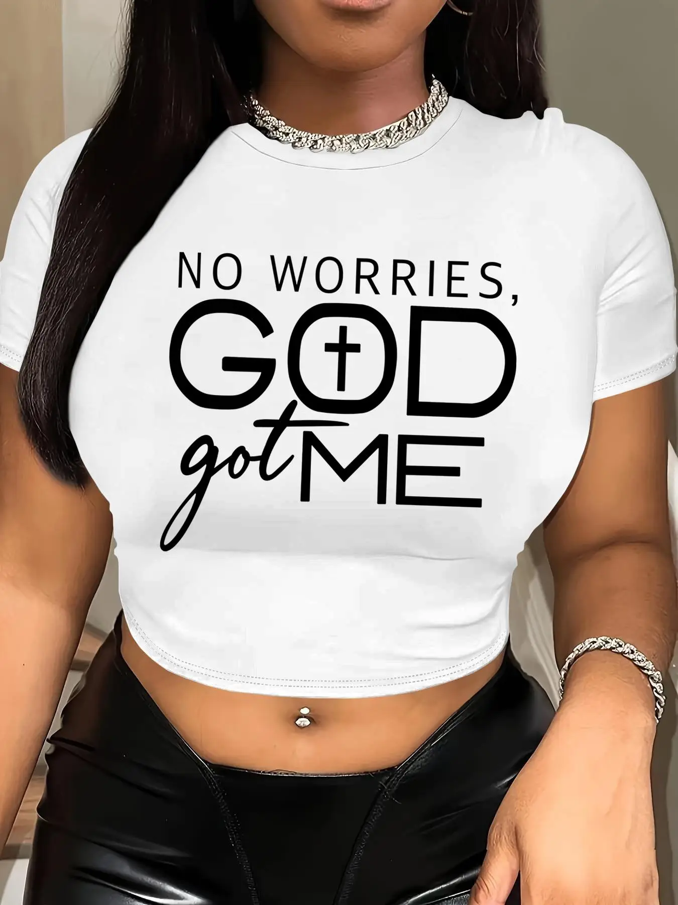 Women's Letter Print Round Neck Crop Tee, Summer Clothes Women, Fashion Casual Crew Neck Short Sleeve T-shirt for Holiday Vacation Outdoor Wear, Baby