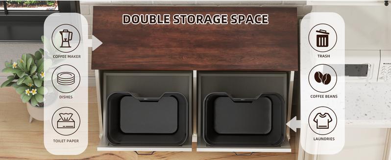 【Does Not Include Trash Can】 Spurgehom Double Tilt-Out Trash Can Cabinet - Holds 2 x 10 Gallon Bags. Wooden Dog-Proof Garbage & Laundry Hamper Storage Unit for Kitchen, Bathroom, or Living Room