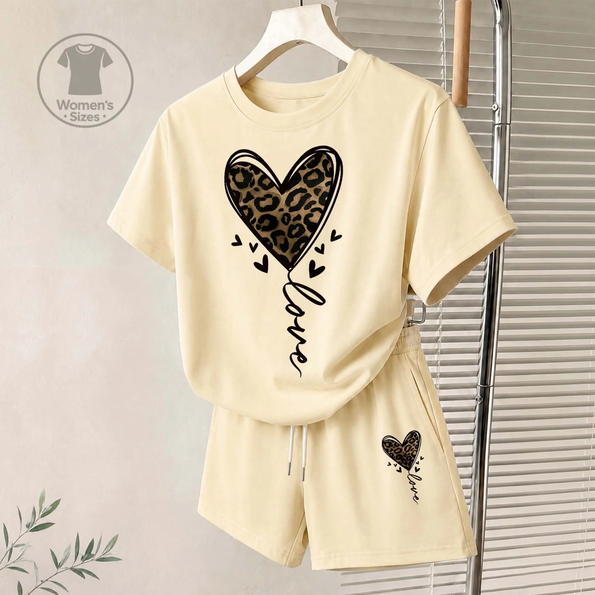 Women's Heart-Shaped Leopard Print Graphic Short Sleeve T-Shirt And Shorts Set, Casual Summer Two-Piece Outfit With Crew Neck Top And Drawstring Waist Shorts For Daily Wear