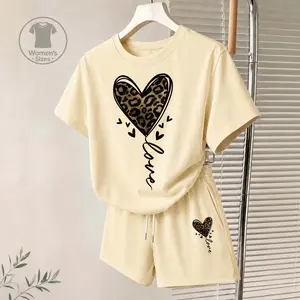 Women's Heart-Shaped Leopard Print Graphic Short Sleeve T-Shirt And Shorts Set, Casual Summer Two-Piece Outfit With Crew Neck Top And Drawstring Waist Shorts For Daily Wear