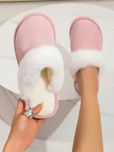 Women's Contrast Faux Fur Design Plush Slippers, Casual Soft Comfortable Home Slippers, Warm Slippers for Indoor & Outdoor Use for Fall & Winter