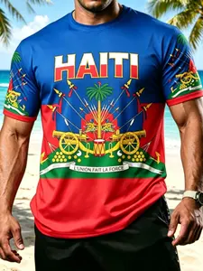 Haiti Theme Print Men's Short Sleeve T-Shirt, Tropical Summer Top, Casual Long Sleeve Tee, All over Print Design, Fitted Style
