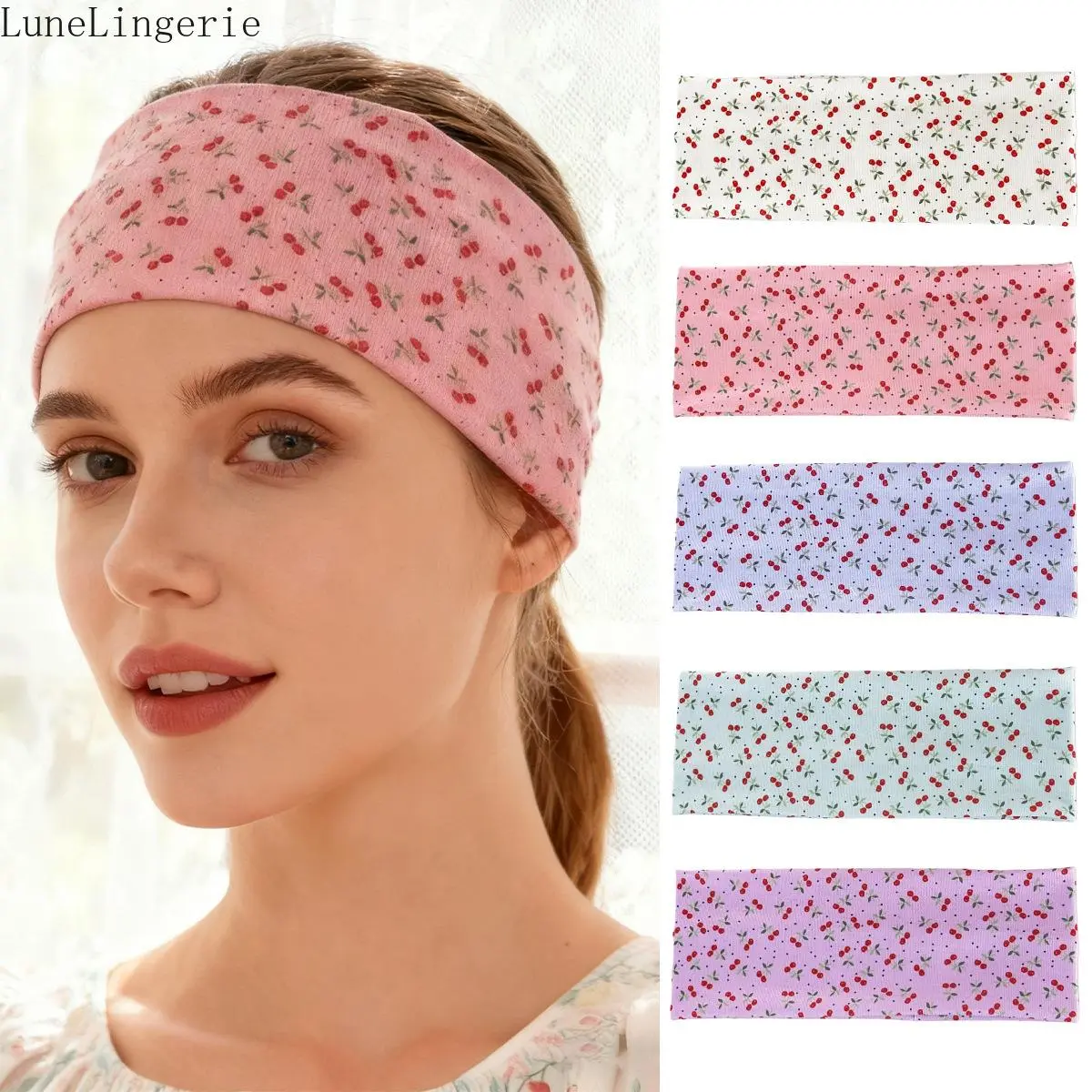 Women's Lune 5PCS Cherry Print Wide Athleisure Headbands - Soft Ribbed Elastic Non-Slip Stretchy Workout Headbands, Multicolor Turban Onesize Elastic Fashion Hair Accessories for Sports, Outdoor Use
