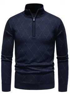 Men's Argyle Pattern Half Zip Sweater, Regular Fit Casual Long Sleeve Jumper for Spring & Fall, Fashion Men's Knitwear for Daily Wear, Winter Warm Pullover, Half Zip Top