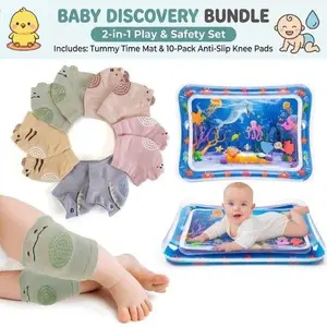 2-in-1 Baby Tummy Time Water Play Mat and Crawling Knee Pads Set, Sensory Learning Activity Toy, Non-Slip Baby Knee Protectors, Newborn Baby Shower Gift Set