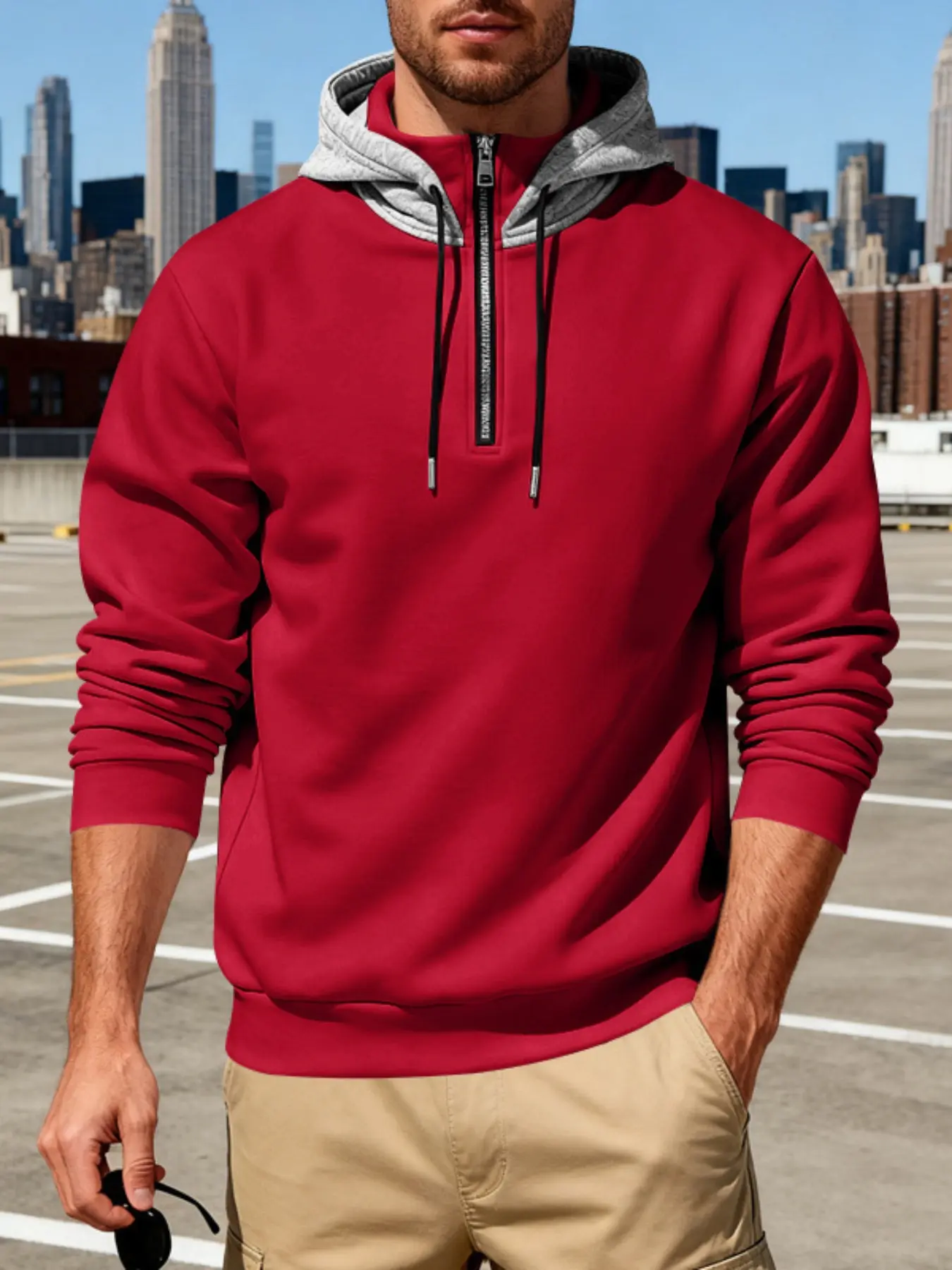 Men's Heavyweight Fleece Premium Hoodie, Loose Fit Casual Luxury Commuter Stand Collar Zipper Long Sleeve Hooded Sweatshirt, American Style
