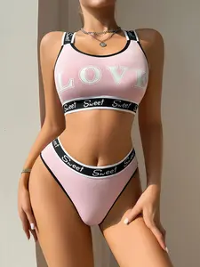 8PCS LOVE SLOGAN SEXY LINGERIE SET, 4 SETS POLYAMIDE SLEEPWEAR, SPORT VEST SETS WITH OPEN BACK DESIGN