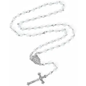 Rosary Beads Cross Necklace for Women, Catholic Rosary Necklace for Men with Crucifix, Crystal Heart Shaped Rosarios Catolicos, First Communion Christian Gifts(Clear)