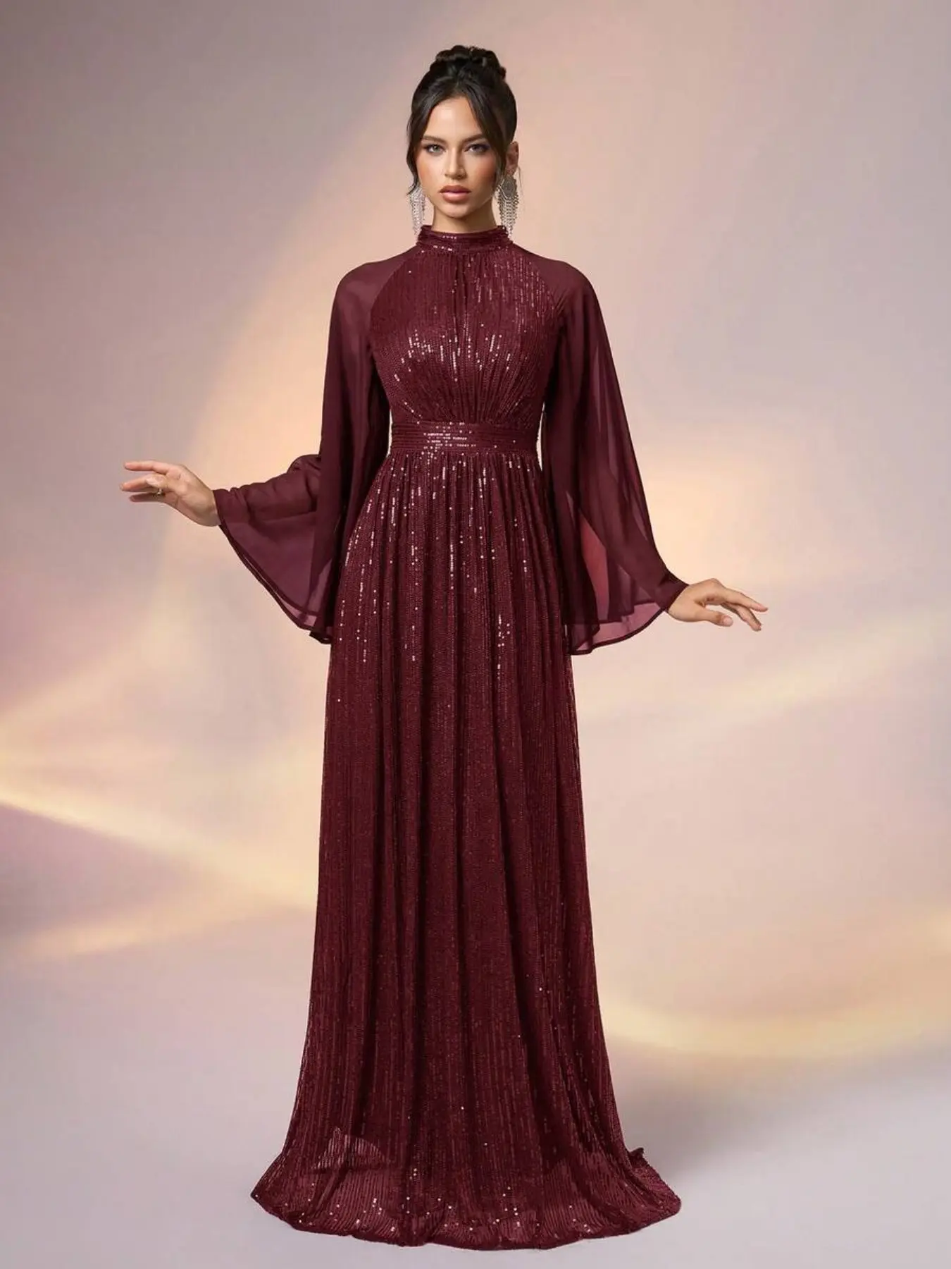 Elegant High Neck Sequin Midi Dress, Fitted Party Gown, Evening Formal Wear Long Sleeves, Evening Event Clothing, Perfect for Formal Events, Weddings, Graduations, Spring Parties