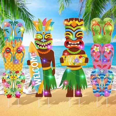 Janlaugh 16 Pcs Tiki Totem Box Decor With Light, Luau Party Decorations For Hawaiian Birthday Party Tropical Aloha Decor 9.84 X 7.09 Tiki Lighted Gift Boxes For Garden Patio Porch Outdoor