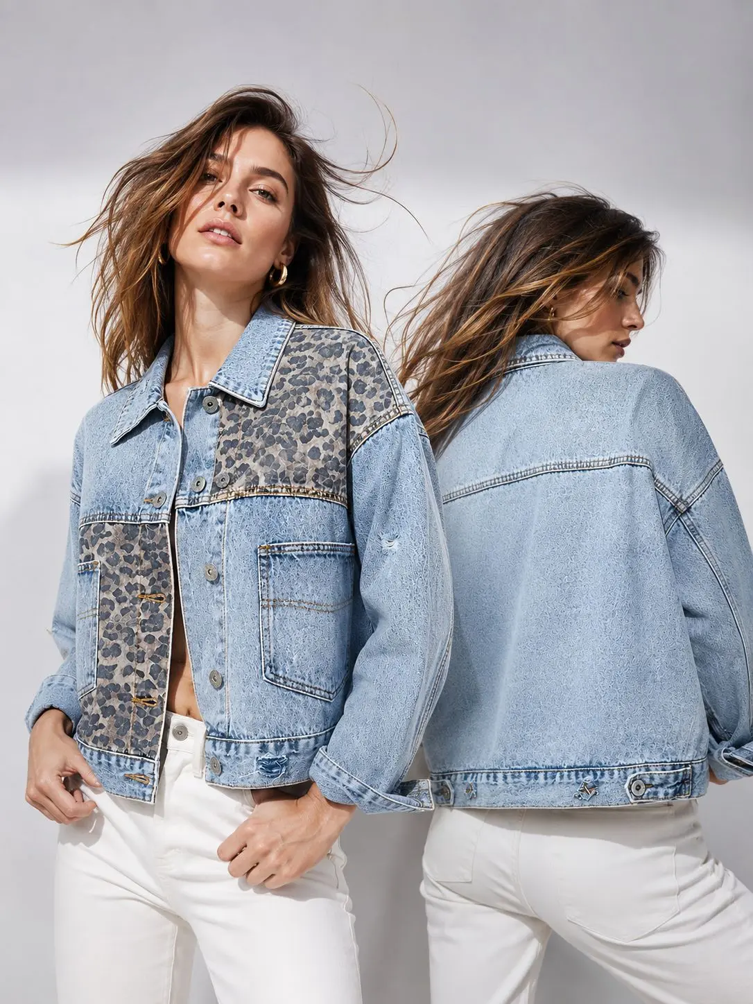 Women's Collared Vintage Washed Blue Long-Sleeved Denim Jacket - Minimalist Leopard Print Patchwork Casual Everyday Women's Top Coat