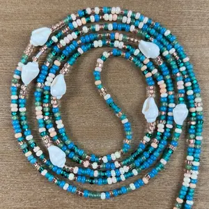 BEACH BAE - Tie On Waist Beads - 60 inches Waistbeads - Teal Waistbeads - Waistbeads with Shells - Summer Waistbeads - Beach Waistbeads - Belly Beads - Body Beads - Authentic Waistbeads - African Waistbeads Made By Venus