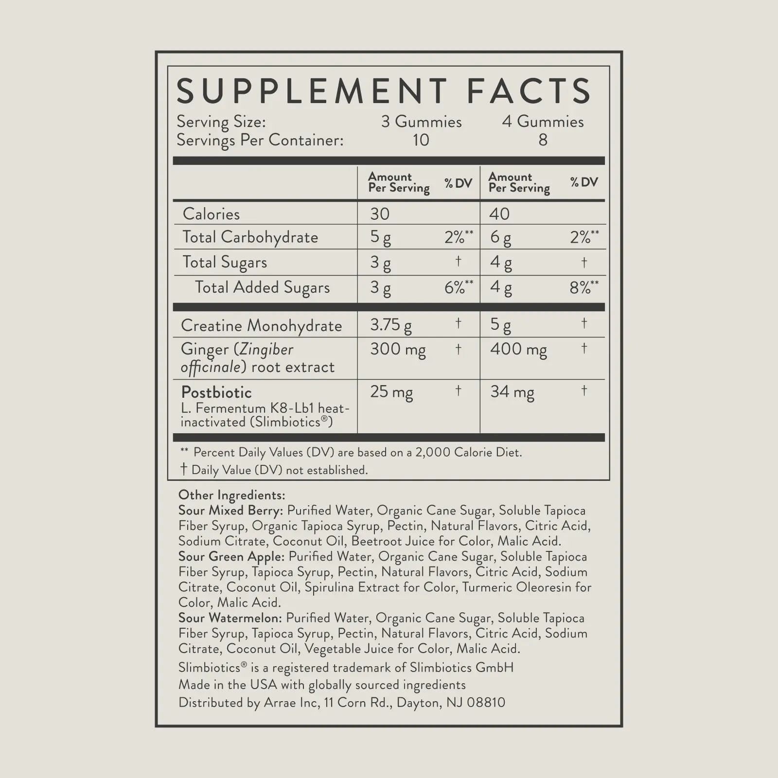 Arrae Tone Variety Creatine Gummies supplement facts and ingredients