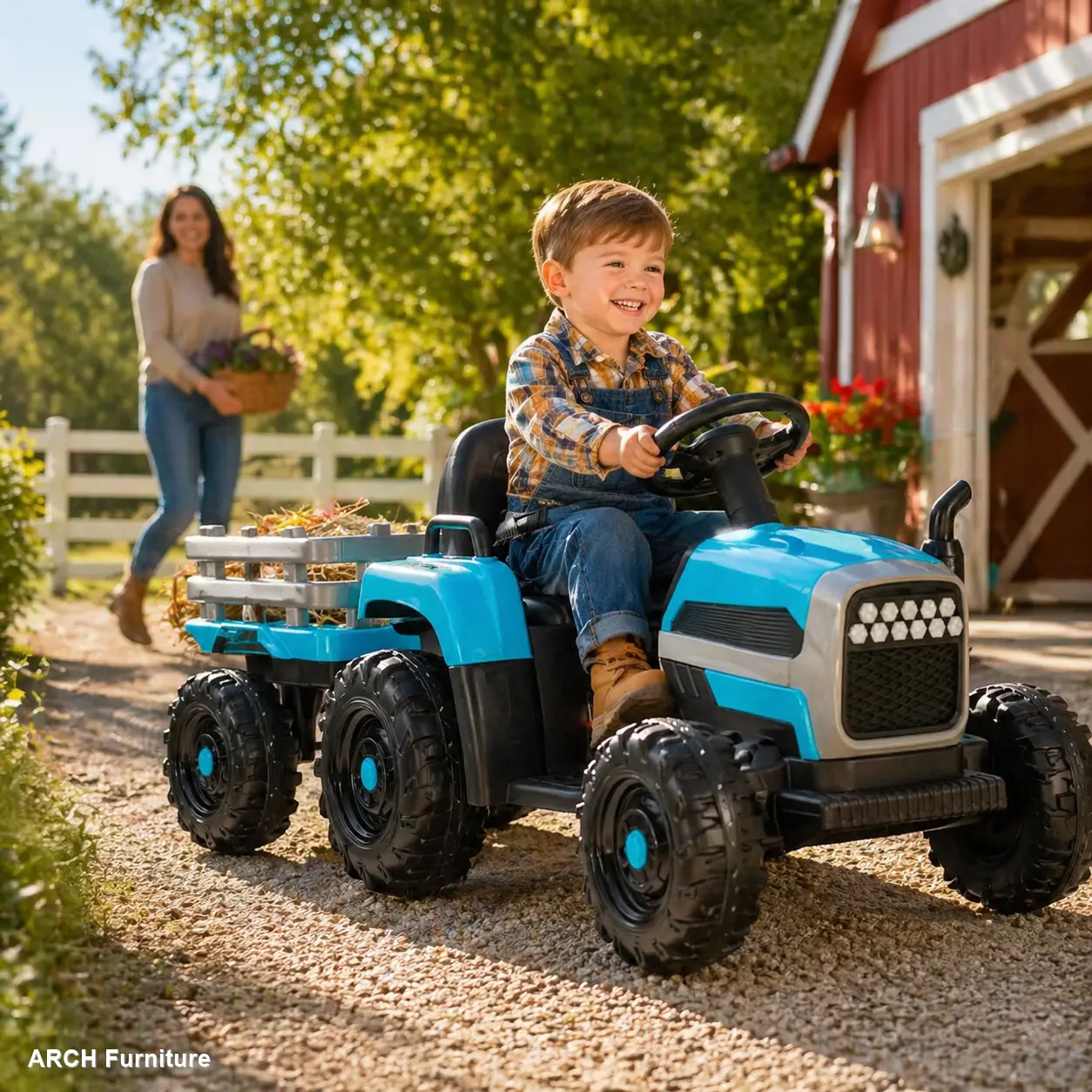 24V Battery-Powered Portable Toddler Tricycle (3-6 yrs) - Tractor Look Farm Electric Ride-On Toy, 2x200W Motors, 3-Speed (1.86-4.97MPH), Remote Control, USB, MP3, Bluetooth Tunes In, LED Lights, Safety Belt, Polypropylene Construction, Trailer Included