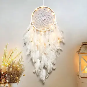 White Feathers Dream Catcher Wall Hanging Elegant Wall Art Room Decoration for Windows Balcony Bedroom Wedding Party Gift for Girls and Kids (with Lights)