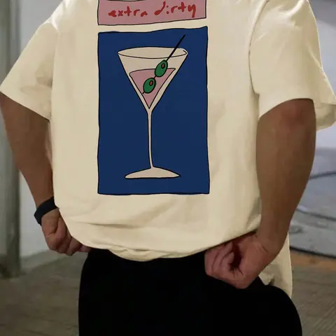 Men's Regular Fit Martini Cocktail Print Round Neck Tee, Casual Short Sleeve T-shirt for Summer, Men's Top for Daily Wear, Tropical, Casual Stylish Tee, Casual Summer Tops, Casual Summer Clothing, Casual Style Tee