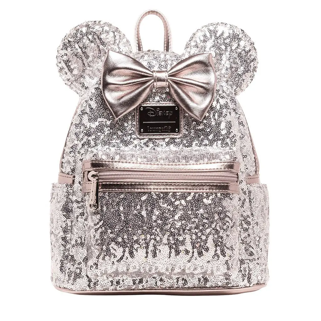 Loungefly Disney Minnie Mouse Silver Sequin Faux Leather Mini Backpack for Women, Casual Everyday Carry with Adjustable Strap