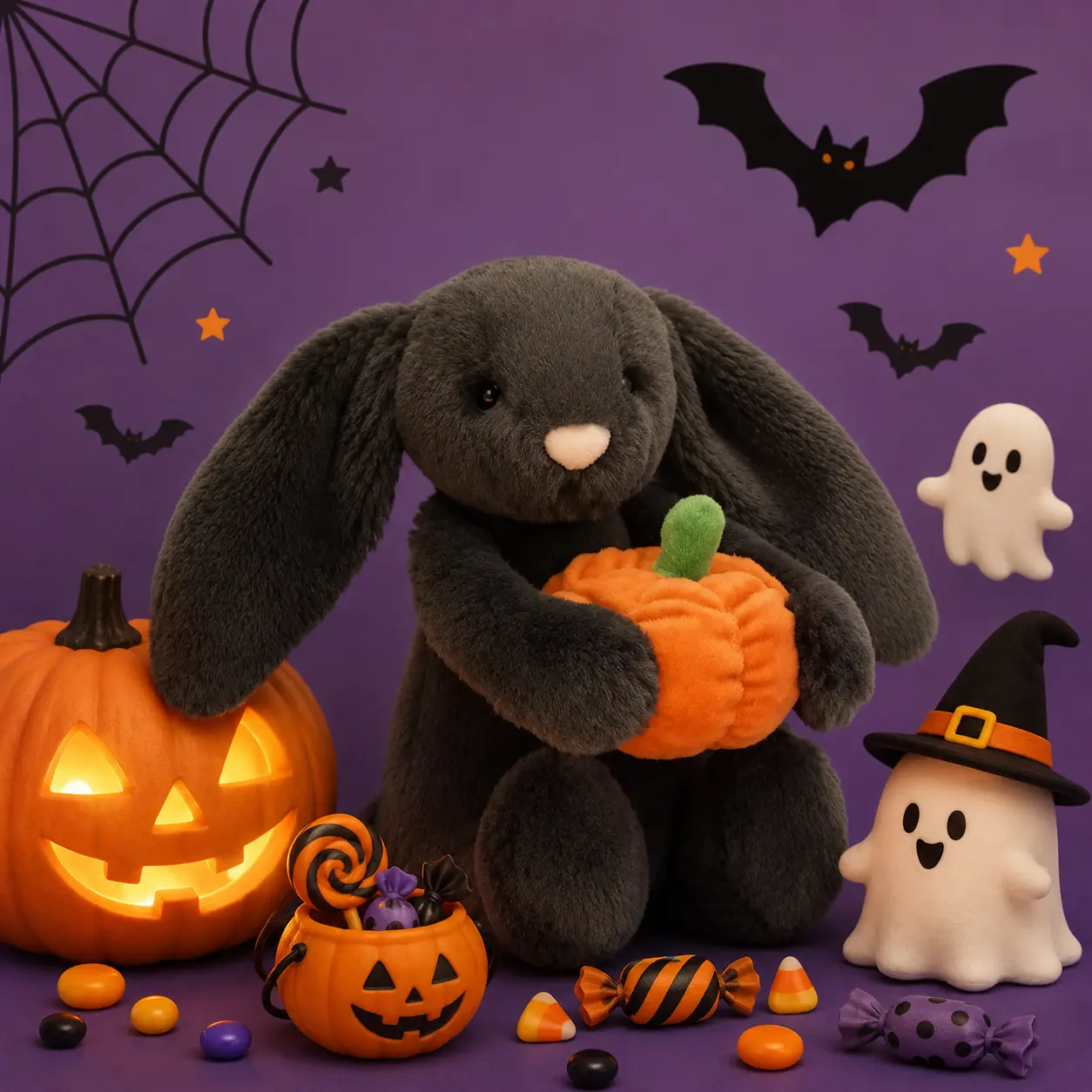 Adorable Black Halloween Bunny Plush Holding Pumpkin | Super Soft Stuffed Rabbit | Perfect Halloween Gift & Fall Decor