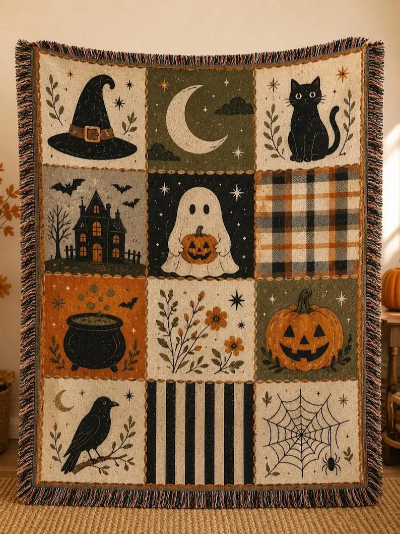 Vintage Halloween Patchwork Flannel Throw Blanket, Large Soft Lightweight Warm Decorative Blanket, Multi-Purpose Sofa Cover, Wall & Front Door Hanging Tapestry, Cute Spooky Gift for Family and Friends